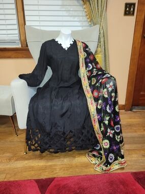 Elegant Black Long Sleeve Dress with Embroidered Black Dupatta